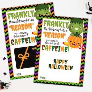Titulaire de la carte-cadeau de l’enseignant d’Halloween, franchement besoin d’un cadeau de café pour l’enseignant de caféine pour Halloween Frankenstein Cadeau d’appréciation de l’enseignant imprimable