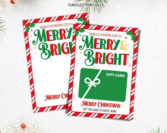May include: Two Christmas-themed gift card templates with red and white candy cane borders. The cards feature the text "Merry & Bright" in green and red, with holly accents. One card has a gift card area.