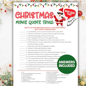 May include: A Christmas Movie Quote Trivia game with a Santa Claus graphic wearing sunglasses. The game includes movie quotes to match with the correct movie title. The answers are included. The game is decorated with Christmas lights and ornaments.