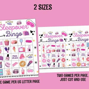 May include: Two printable sleepover bingo game cards. Each card has a 5x5 grid with images of items commonly found at a sleepover, such as a sleep mask, popcorn, and a teddy bear. The text "Sleepover Bingo" is at the top of each card. The text "One game per US letter page" is at the bottom of the left card. The text "Two games per page, just cut and use" is at the bottom of the right card.