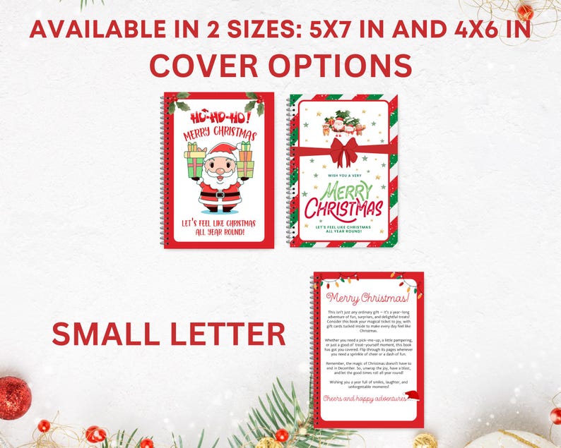 Puede incluir: Cuadernos navide&ntilde;os con cubiertas rojas. Un cuaderno presenta a Pap&aacute; Noel y el texto "&iexcl;Ho-Ho-Ho! &iexcl;Feliz Navidad!" y "&iexcl;Sintamos la Navidad todo el a&ntilde;o!" Otro cuaderno tiene el texto "Feliz Navidad". Disponibles en 12,7x17,8 cm y 10,2x15,2 cm.