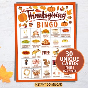 30 Thanksgiving Bingo Cards, Printable Thanksgiving Games For Kids Family Dinner Thanksgiving Activity, Class Kids Thanksgiving Party Game