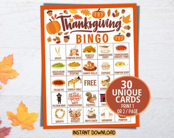 30 Thanksgiving Bingo Karten, druckbare Thanksgiving Spiele für Kinder Familienessen Thanksgiving Aktivität, Klasse Kinder Thanksgiving Party Spiel