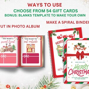 Puede incluir: Imagen de tarjetas de regalo con tem&aacute;tica navide&ntilde;a, que incluyen un libro abierto y dos cuadernos encuadernados en espiral. El libro muestra dise&ntilde;os de tarjetas de regalo con el texto "You want a sweet treat" y "You want to eat outside". Los cuadernos tienen dise&ntilde;os de "Merry Christmas" y "Ho-Ho-Ho!"