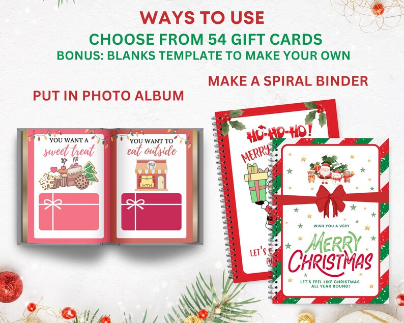 Puede incluir: Imagen de tarjetas de regalo con tem&aacute;tica navide&ntilde;a, que incluyen un libro abierto y dos cuadernos encuadernados en espiral. El libro muestra dise&ntilde;os de tarjetas de regalo con el texto "You want a sweet treat" y "You want to eat outside". Los cuadernos tienen dise&ntilde;os de "Merry Christmas" y "Ho-Ho-Ho!"