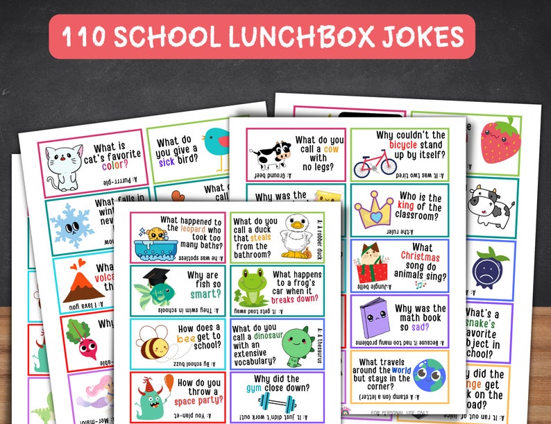 May include: A set of 110 colorful cards with jokes printed on them. Each card features a cartoon illustration and a question or riddle. The cards are designed for school lunchboxes and are a fun way to add some humor to a child's day.
