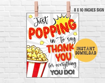 Popcorn waardering teken afdrukbaar, leraar waardering personeel waardering pauze kamer teken PTO PTA verpleegkundige team vrijwilliger collega werknemer
