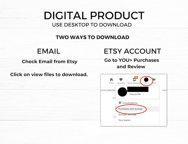 May include: A screenshot of a computer screen showing how to download a digital product from Etsy. The instructions are to check your email from Etsy or go to your purchases and reviews in your Etsy account.