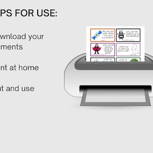 May include: A printer is shown with a printed sheet of Halloween-themed joke cards. The cards feature colorful illustrations and text. Instructions for use are printed above the printer: Download, Print, and Cut.
