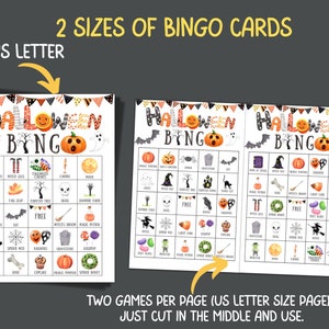 May include: Two printable Halloween Bingo cards with a black, orange, and white color scheme. The cards feature images of Halloween icons like bats, pumpkins, ghosts, and candy corn. The text "Halloween Bingo" is at the top of each card.