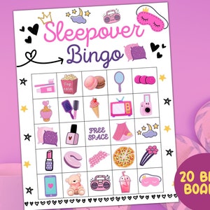 May include: A printable sleepover bingo game with 20 boards. The bingo card features images of items commonly associated with sleepovers, such as popcorn, a hairbrush, a teddy bear, and a sleep mask.