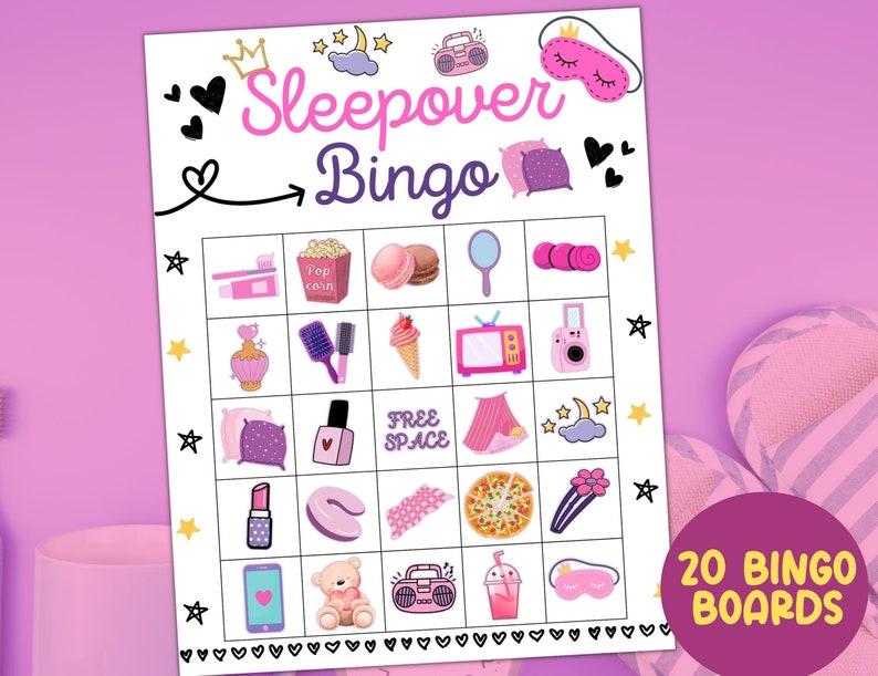 May include: A printable sleepover bingo game with 20 boards. The bingo card features images of items commonly associated with sleepovers, such as popcorn, a hairbrush, a teddy bear, and a sleep mask.