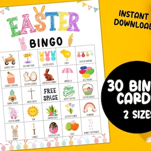 Afdrukbare paasbingo, 30 paasbingokaarten, paasfeestspel, paasactiviteit voor kinderen, kerkelijk paasklaslokaal