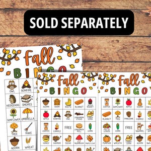 May include: Fall Bingo game cards with autumn-themed illustrations. The cards feature images of an owl, bonfire, acorn, and more. The text "Fall Bingo" is displayed in orange and green.