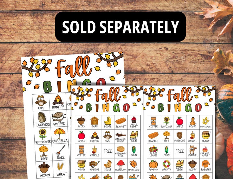 May include: Fall Bingo game cards with autumn-themed illustrations. The cards feature images of an owl, bonfire, acorn, and more. The text "Fall Bingo" is displayed in orange and green.