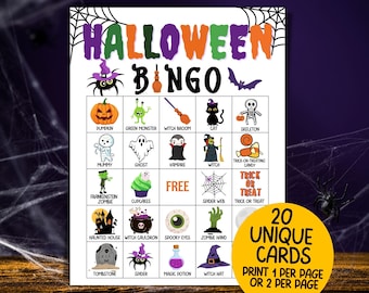20 Halloween Bingo Cards, Cute Halloween Bingo For Kids Halloween Party Game, Fun Halloween Activities, Preschool Halloween Classroom Party