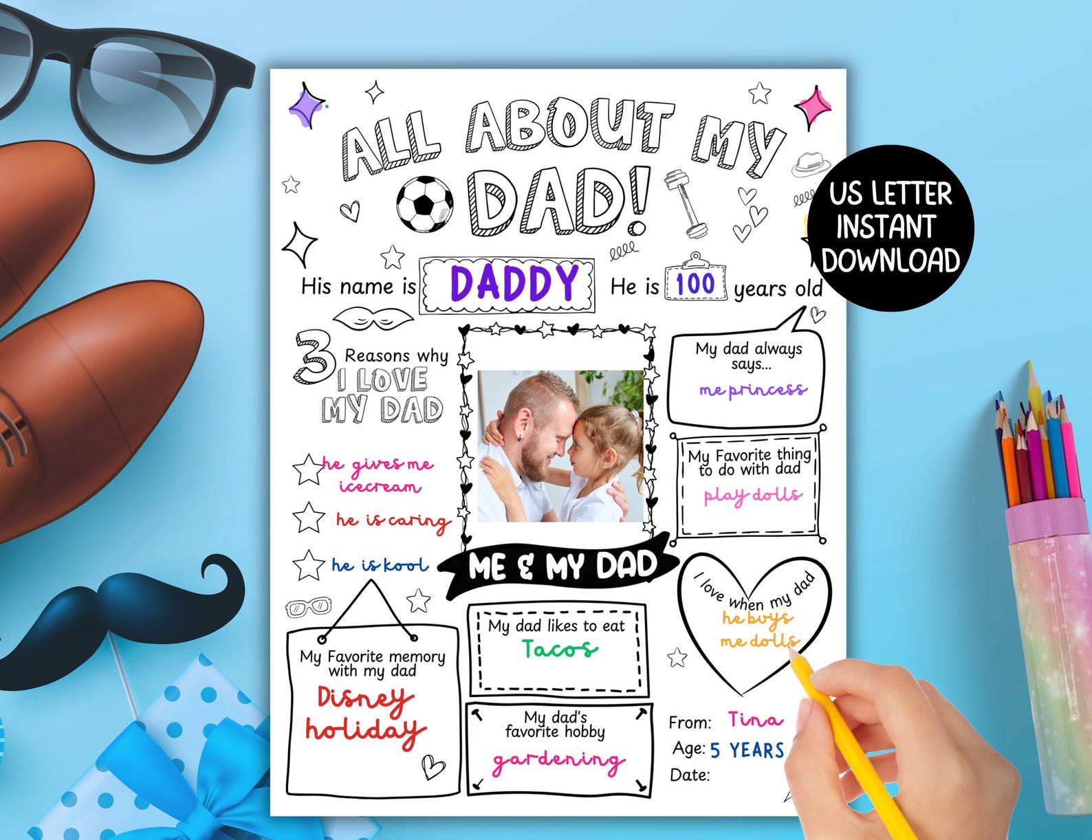 All About My Dad Printable Fathers Day Gift From Kids, Kids Coloring ...