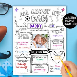 May include: A black and white printable "All About My Dad" questionnaire. It features fill-in sections for a photo, favourite things, and memories. The design includes the text "DADDY", "I LOVE MY DAD", and "US LETTER INSTANT DOWNLOAD".