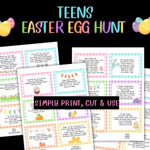 May include: A colorful printable Easter egg hunt game for teens. The design features pastel-colored squares with riddles and clues, along with Easter-themed graphics and the text "TEENS EASTER EGG HUNT".