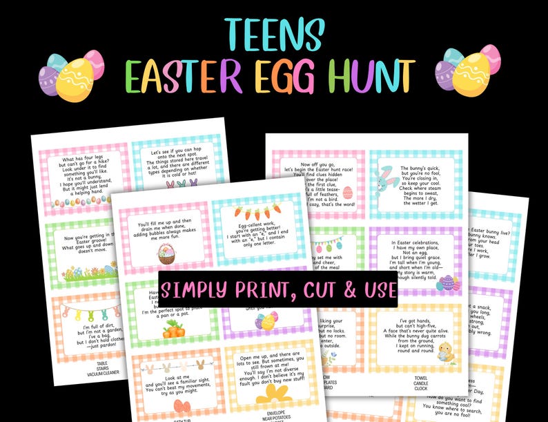 May include: A colorful printable Easter egg hunt game for teens. The design features pastel-colored squares with riddles and clues, along with Easter-themed graphics and the text "TEENS EASTER EGG HUNT".