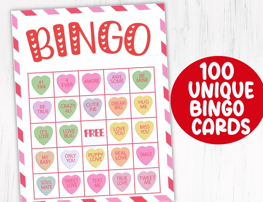 Valentines Day Bingo Conversation Hearts Game, 100 Printable Valentines Bingo Cards, Kids Valentines Party Game Classroom Valentine Activity