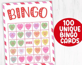 Valentines Day bingo Conversation hearts game, 100 Printable Valentines bingo cards, kids valentines party game Classroom Valentine activity