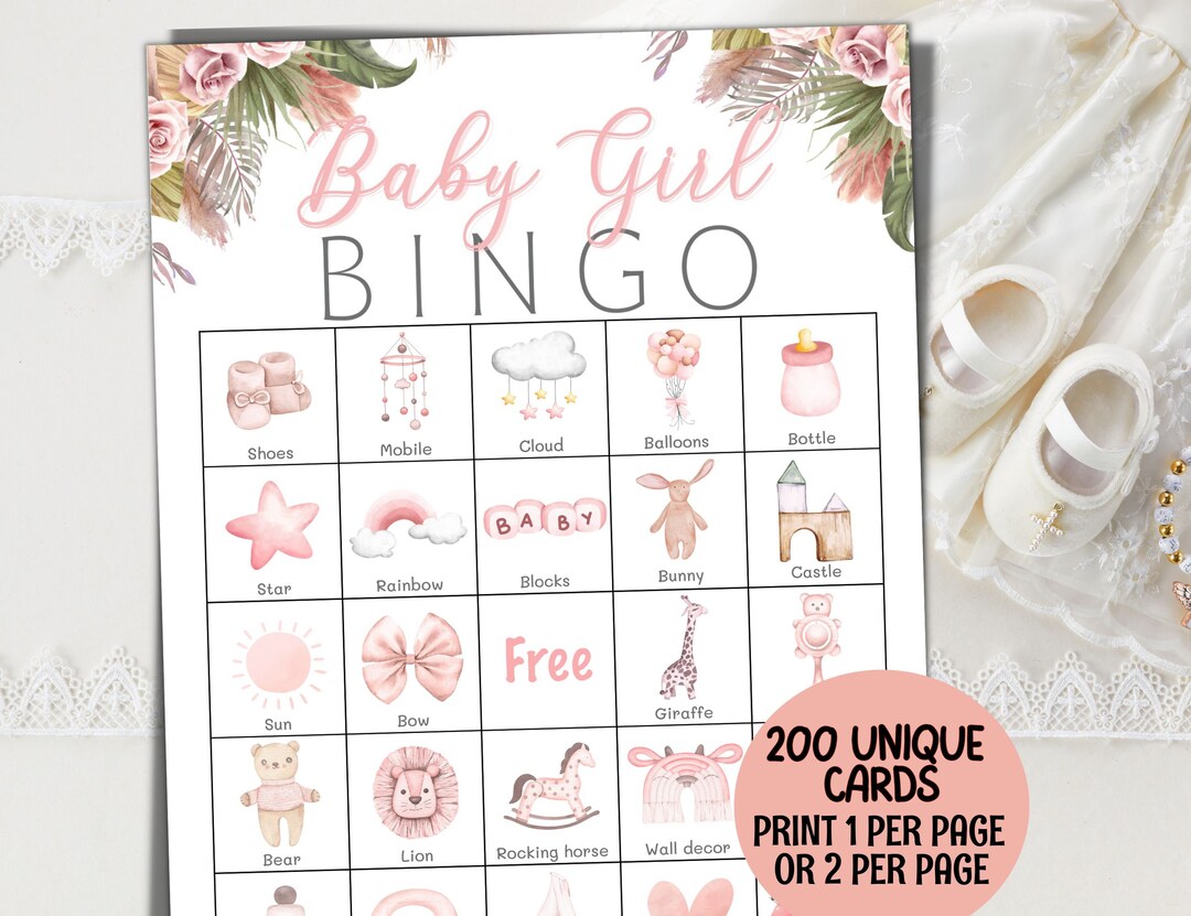 Girl Baby Bingo, Baby Girl Shower Bingo Game, 200 Prefilled Bingo Cards ...