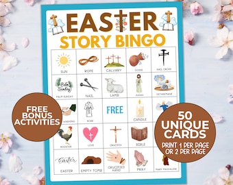 Jogo de Bingo da História da Páscoa, 50 Cartelas de Bingo da Páscoa, Atividade da Semana Santa, Jogo para Escola Dominical, Bingo Religioso Cristão, Jogo de Bingo Bíblico para Igreja