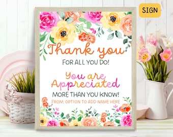 Bloemen waardering bord, lente bedankje, leraar medewerker personeel waarderingsdag eten tafelbord afdrukbaar loungebord, pauzeruimte