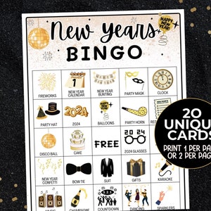 Bingo de Ano Novo, 20 Cartões de Bingo de Véspera de Ano Novo, Jogo de Festa de Véspera de Ano Novo, Jogos de Ano Novo para Crianças e Adultos, Atividade para Crianças, Festa de Ano Novo de 2025