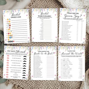 May include: A set of six bridal shower game cards with floral accents. Games include "Bridal Emoji Game", "Word Scramble", "What Did the Groom Say?", "He Said, She Said", "Who Knows the Bride-to-be Best?", and "I Love You Around the World".