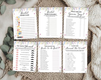 Wildflower Bridal Shower Games Bundle, Floral Bridal Shower Games Printable, Boho Bridal Games Pack, Floral Theme Wedding Shower Games Emoji