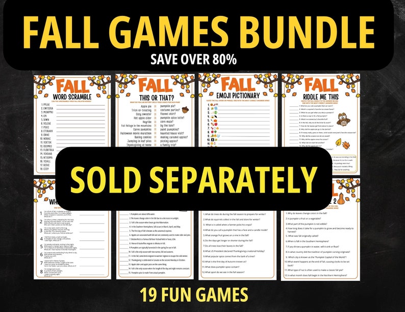 May include: A collection of autumn-themed games, featuring the text "FALL GAMES BUNDLE" in yellow. The games include word scrambles, "this or that" questions, emoji pictionary, and riddles. The text "SOLD SEPARATELY" is also visible.