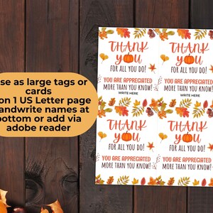 May include: Four "Thank You" cards with autumnal designs. Each card features a pumpkin, autumn leaves, and the phrases "Thank You For All You Do!" and "You Are Appreciated More Than You Know!" Instructions are included.