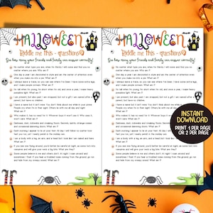 Puede incluir: Dos tarjetas de juego de adivinanzas de Halloween imprimibles con una ilustraci&oacute;n en blanco y negro de una casa encantada y una calavera. El texto en las tarjetas dice "Halloween Adivina esto - preguntas &iexcl;Mira cu&aacute;ntos de tus amigos y familiares pueden responder correctamente!" e incluye una lista de adivinanzas sobre personajes y objetos de Halloween.