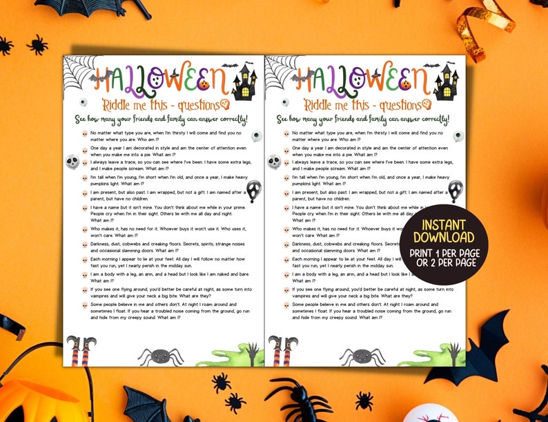 Puede incluir: Dos tarjetas de juego de adivinanzas de Halloween imprimibles con una ilustraci&oacute;n en blanco y negro de una casa encantada y una calavera. El texto en las tarjetas dice "Halloween Adivina esto - preguntas &iexcl;Mira cu&aacute;ntos de tus amigos y familiares pueden responder correctamente!" e incluye una lista de adivinanzas sobre personajes y objetos de Halloween.