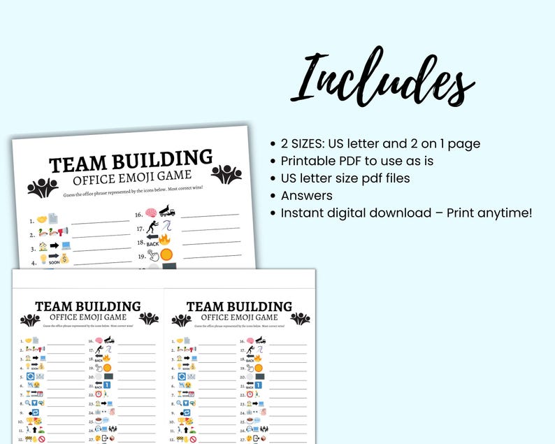 Pu&ograve; includere: Un gioco di team building stampabile con il titolo "Team Building Office Emoji Game". Il gioco presenta un elenco di frasi d'ufficio rappresentate da emoji. Il gioco &egrave; disponibile in due dimensioni: lettera degli Stati Uniti e 2 su 1 pagina. Il gioco include le risposte ed &egrave; disponibile per il download digitale istantaneo.