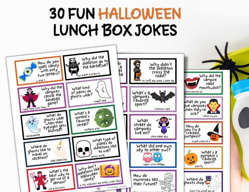May include: A set of Halloween-themed lunch box jokes printed on rectangular cards. The cards feature colorful illustrations of ghosts, vampires, and other spooky characters, along with pun-filled jokes. The text "30 FUN HALLOWEEN LUNCH BOX JOKES" is at the top.