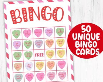 May include: A printable Valentine's Day bingo card with a pink and white striped border. The card features a 5x5 grid with squares containing phrases like "#1 Fan", "Love Bug", and "True Love". The center square says "FREE". The card is part of a set of 50 unique bingo cards.