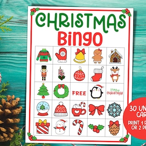 30 niedliche Weihnachtsbingokarten, lustiges Weihnachtsspiel, Kinderweihnachtsfeier Spiel, Weihnachtsaktivität, Weihnachtsklassenzimmerparty, lustiges Familienspiel