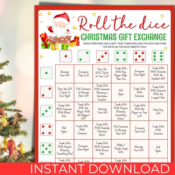 Christmas Dice Gift Exchange Game Printable, Christmas Party Group Dice Gift Exchange Game, Pass The Gift Prize, Holiday Gift Swap Game