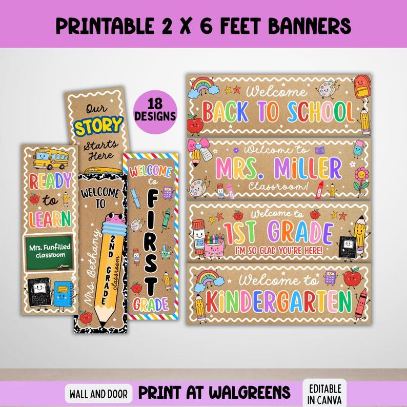 Back to School Classroom Decor Printable Banners Template, Welcome Back Door Banner, First Day Teacher Door Sign, Canva Editable 2x6 Banner immagine 1
