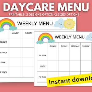 Tagespflege-Menüvorlage druckbare bearbeitbare, wöchentliches Menü für Kindertagesstätte, Vorschul-Menü, Hausschulmenü, Tagespflege-Mahlzeitplaner, wöchentliches Menü
