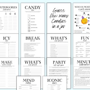May include: A set of printable party games with black text on a white background. The games include Scattergories, Icy Ice, Break the Ice, Make Some Words, What's Your Favourite, Party Left Right Game, Mind Match, Iconic Duos, Guess How Many Sweets in a Jar, Who is Most Like a Party Animal, Fun Trivia, and Minute Icebreakers.
