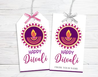 May include: Two white gift tags with a purple and gold diya design and the text "Happy Diwali". The tag on the right also has the text "From: Your Name".