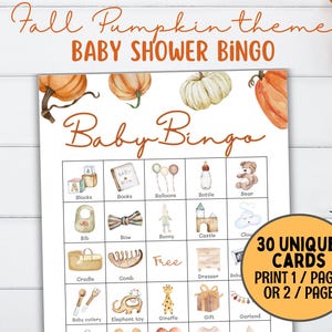 Bingo per baby shower autunnale, Carte per bingo per baby zucca, Giochi per baby shower autunnali, Giochi per baby shower con piccola zucca, Gioco neutro rispetto al genere a tema autunnale