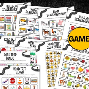 Puede incluir: Una colecci&oacute;n de juegos imprimibles para viajes por carretera, que incluyen b&uacute;squedas del tesoro y tarjetas de bingo. Los juegos presentan ilustraciones de edificios, veh&iacute;culos, animales de granja, se&ntilde;ales de tr&aacute;fico y otros elementos. Tambi&eacute;n es visible un c&iacute;rculo amarillo con la palabra "JUEGOS".