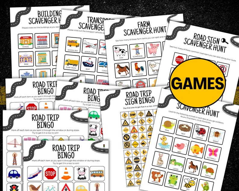 Puede incluir: Una colecci&oacute;n de juegos imprimibles para viajes por carretera, que incluyen b&uacute;squedas del tesoro y tarjetas de bingo. Los juegos presentan ilustraciones de edificios, veh&iacute;culos, animales de granja, se&ntilde;ales de tr&aacute;fico y otros elementos. Tambi&eacute;n es visible un c&iacute;rculo amarillo con la palabra "JUEGOS".