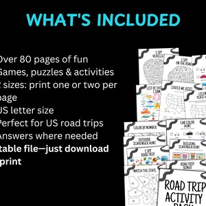 Puede incluir: Un conjunto de p&aacute;ginas de actividades imprimibles para viajes por carretera. Las p&aacute;ginas incluyen juegos, rompecabezas y actividades. El texto de la imagen dice "QU&Eacute; INCLUYE" y enumera m&aacute;s de 80 p&aacute;ginas de diversi&oacute;n, tama&ntilde;o carta estadounidense.