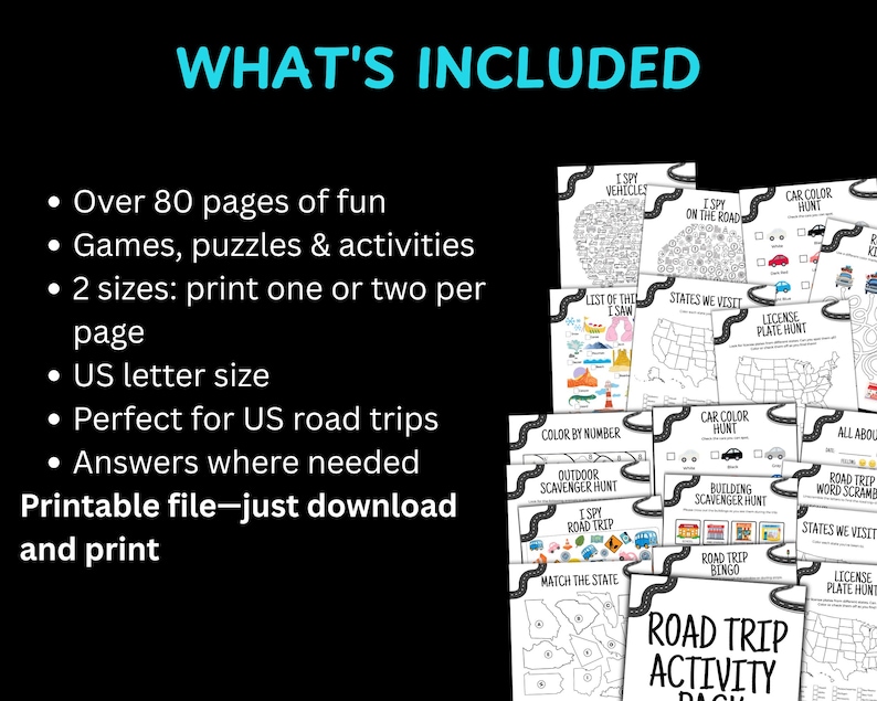 Puede incluir: Un conjunto de p&aacute;ginas de actividades imprimibles para viajes por carretera. Las p&aacute;ginas incluyen juegos, rompecabezas y actividades. El texto de la imagen dice "QU&Eacute; INCLUYE" y enumera m&aacute;s de 80 p&aacute;ginas de diversi&oacute;n, tama&ntilde;o carta estadounidense.